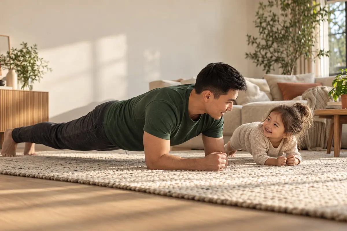 A dad holds a plank on a living-room rug while his young daughter smiles up at him.